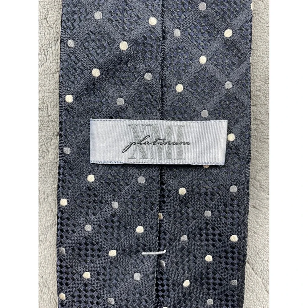 XMI Platinum Men Silk Tie Navy Blue Polka Dot Geometric Basketweave Handmade USA